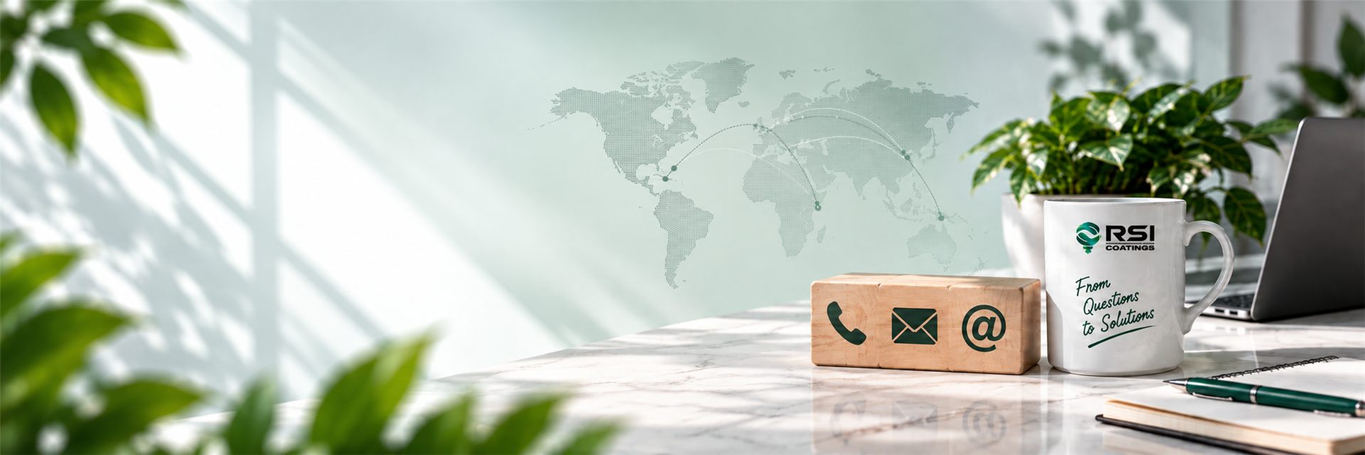 A desk with a phone, mail and @ icon block, a mug reading 'From Questions to Solutions', and a world map graphic