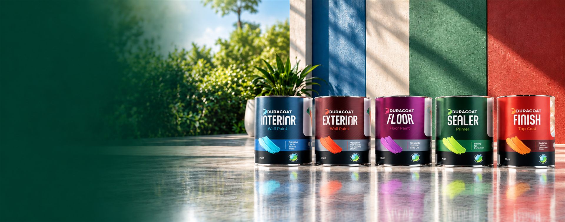 Duracoat Interior, Exterior, Floor, Sealer and Finish cans lined up on a patio in front of a colour-swatched wall