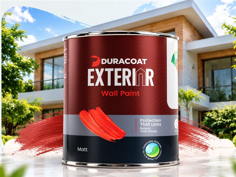 Duracoat Exterior can with a red paint swatch, in front of a modern house facade