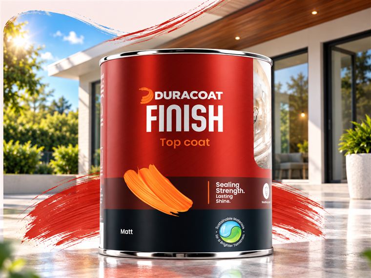 Duracoat Finish can with an orange paint swatch, on a sunlit patio