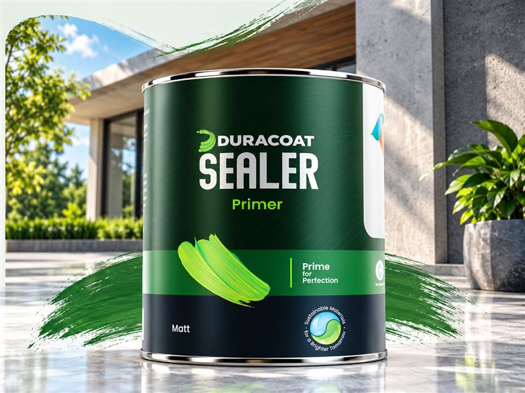 Duracoat Sealer can with a green paint swatch, in front of a modern concrete home
