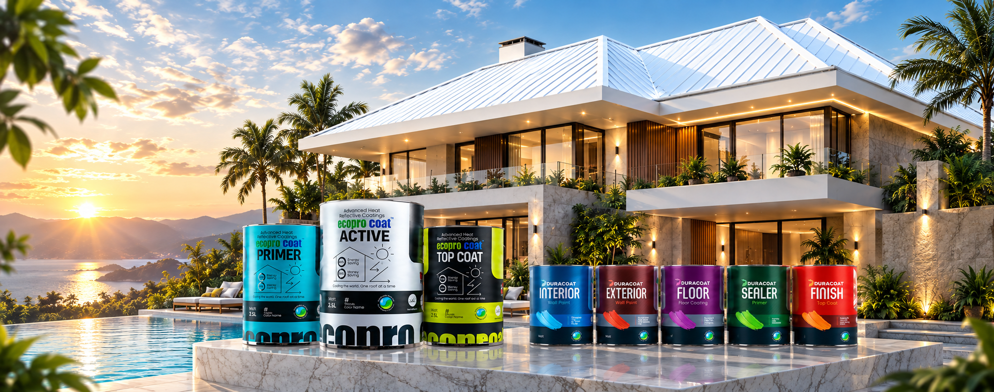 Ecopro Coat and Duracoat product range displayed on a poolside terrace beside a luxury villa